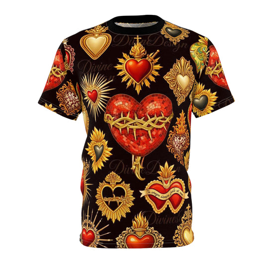 Sacred Heart Pattern Tee — All-Over Print Gothic Heart Shirt